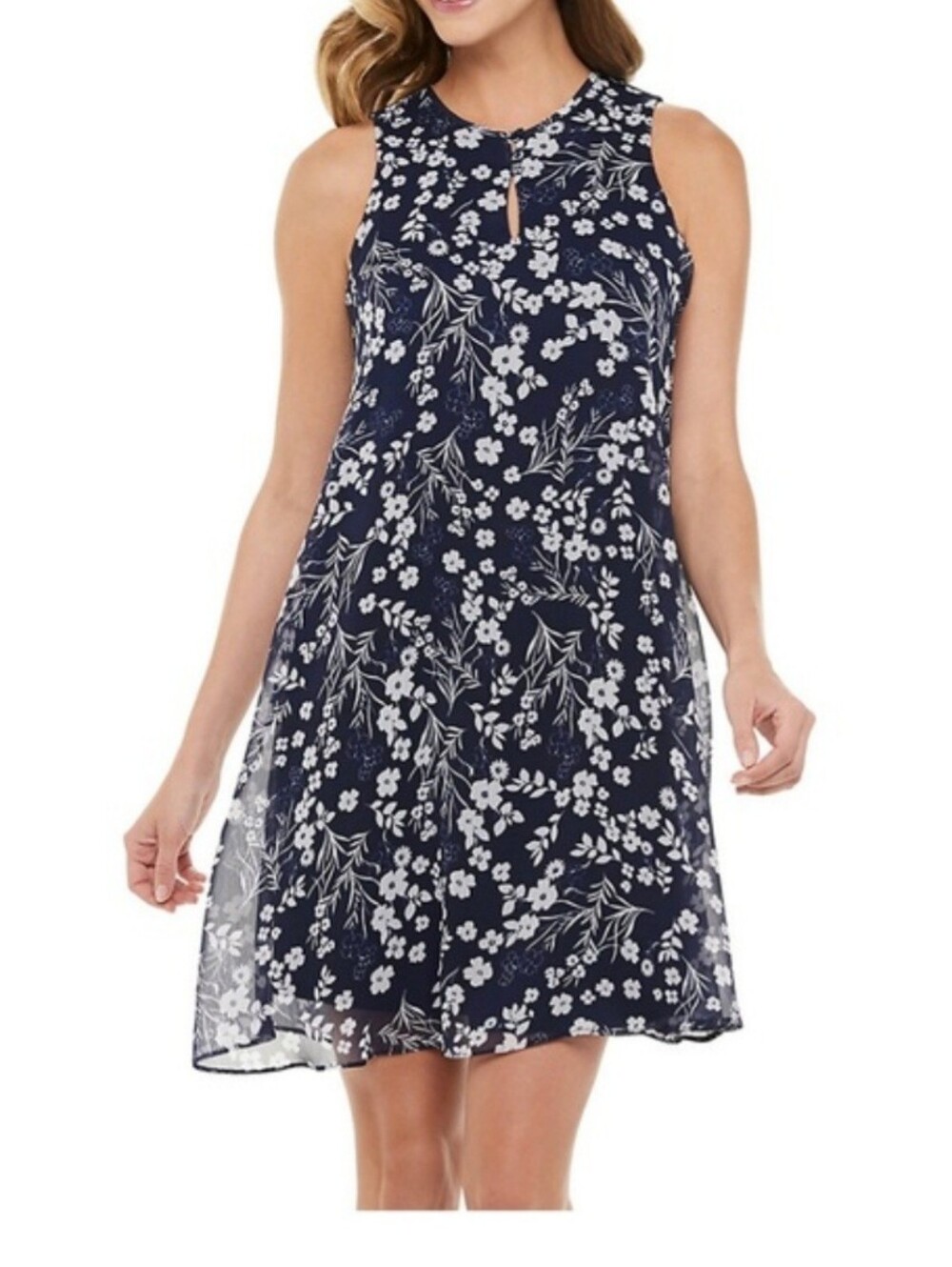 CHAPS Flowy Knee Length Sleeveless Trapeze Dress Navy & White Size 8P